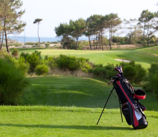 Sac de golf posé sur un green avec vue sur un parcours verdoyant en bord de mer, entouré de pins