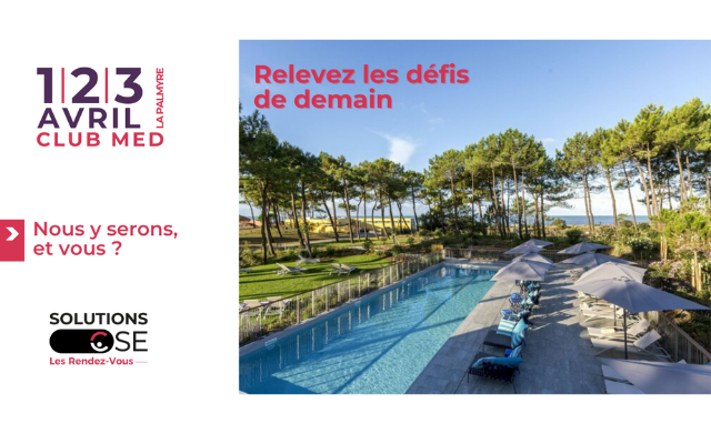 Une affiche événementielle au Club Med La Palmyre annonçant des rencontres professionnelles dans un cadre inspirant.