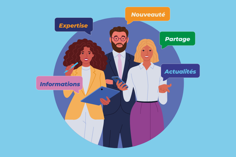Illustration de trois professionnels échangeant autour de thématiques liées à l’expertise, au partage, aux actualités et aux nouveautés.