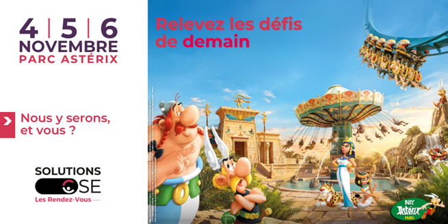 Visuel de promotion des Rendez-Vous de SolutionsCSE au Parc Astérix, du 4 au 6 novembre, avec personnages Astérix et attractions en arrière-plan